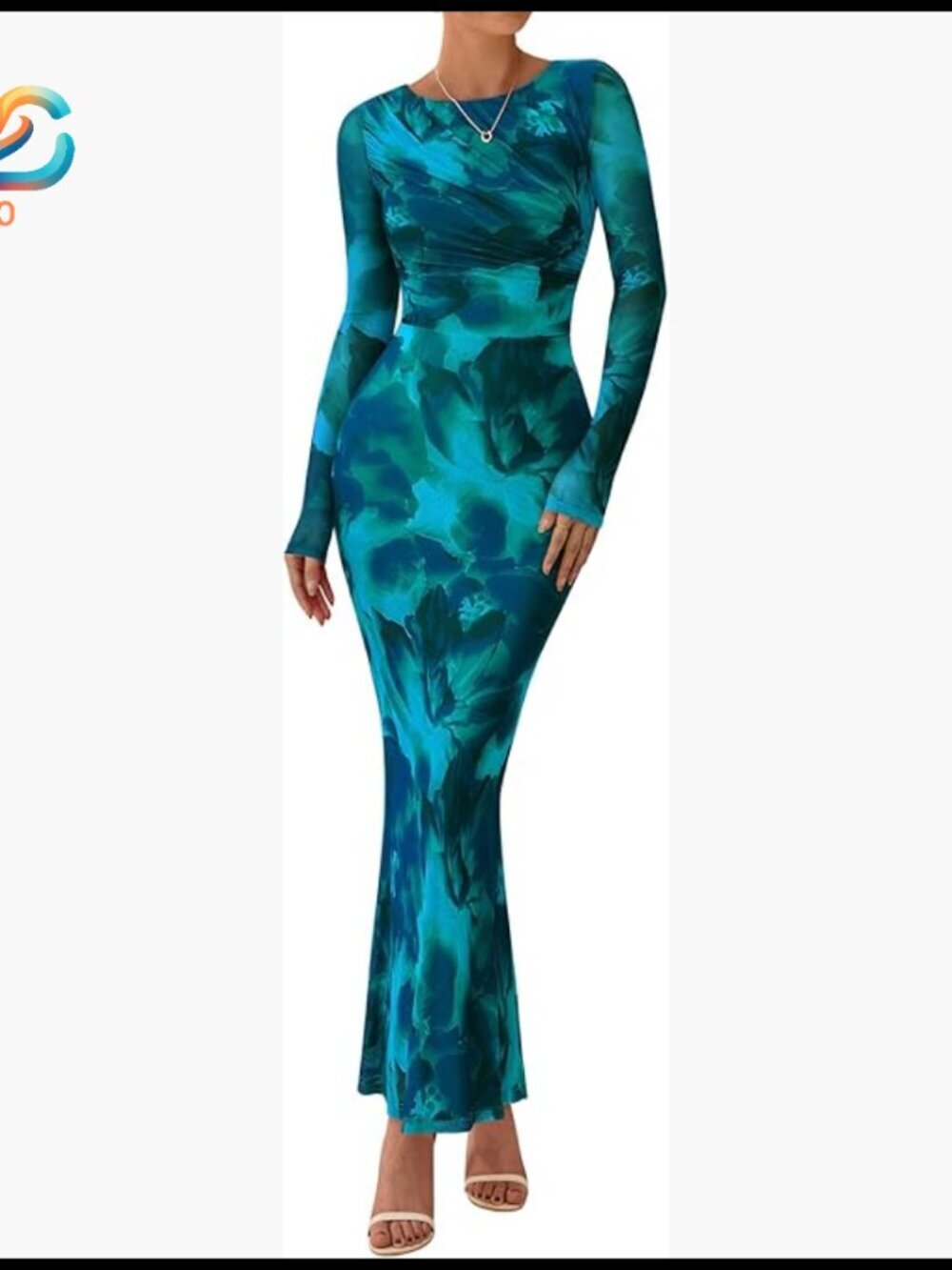 Long Sleeve Ruched Bodycon Maxi Dress Formal Wedding Guest Floral
